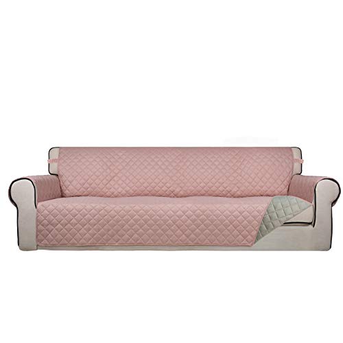 PureFit Reversible Quilted Sofa Cover, Water Resistant Slipcover Furniture Protector, Washable Couch Cover with Non Slip and Elastic Straps for Kids, Dogs, Pets (XX Large, Pink/Beige)
