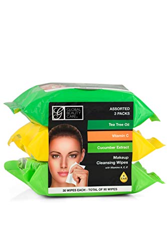 Global Beauty Care Bulk Cleansing Wipes Premoistened 3 Pack Tea Tree, Vitamin C & Cucumber Extract Cleansing Cloths Makeup Removal Wipes - Great For Travel Toiletries - 90 Count (3-Pack)