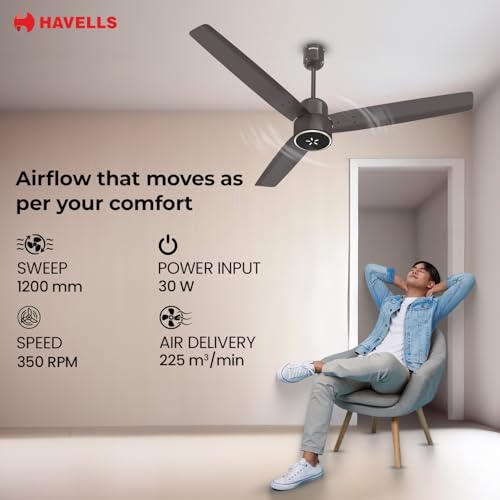 Image of Havells EPIC SIGNIA BLDC Ceiling Fan 1200mm, 5 star, LED Speed Indicator, 380 RPM, Up to 65% Savings,Reverse Rotation,4 Speed Modes,Low Wattage 30W,Low Noise,Air Flow:225 CMM, Cocoa Brown
