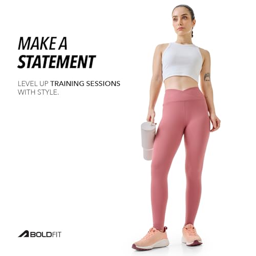 Image of Boldfit Cross-Waist Leggings for Women High-Rise Yoga Pants with Flattering Fit, Tights for Women Workout 4-Way Stretch Poly-Spandex Blend, Gusset for Mobility, Stylish Athleisure & Workout Wear