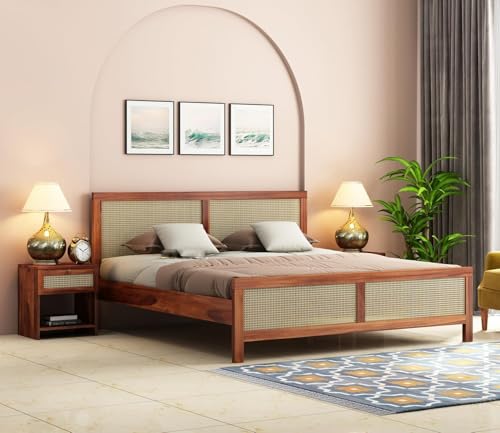 Image of Solid Sheesham Wood King Size Cot Bed Without Storage for Bedroom - Wooden King Size Cot for Bedroom - Solid Wooden Double Bed Palang for Home (Noah Honey)