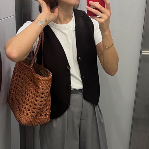Image of Womens Vintage Knittd Tank Y2k Vest Crop Top Sleeveless V-Neck Open Front Button Crochet Knit Vests Versatile Tops