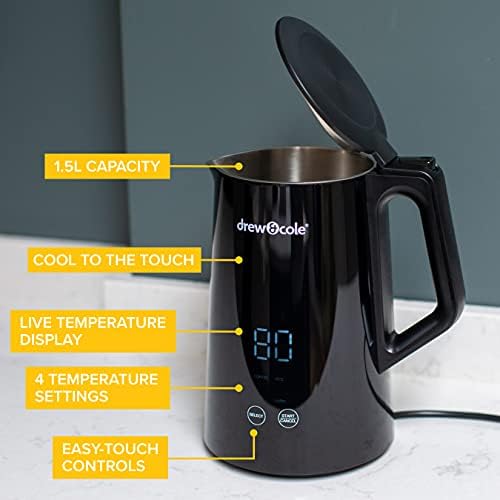 Drew&Cole Digital Kettle Pro 1.5L - Live Temperature Display - Variable Temperature Control - Energy Efficient - 4 Preset Temperatures From 40°C to 100°C - Automatic Shut Off - Black