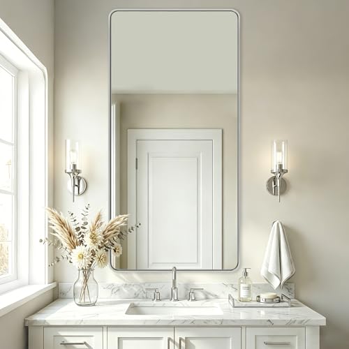 Image of ANDY STAR 24''x48'' Chrome Bathroom Mirrors, Rounded Rectangle Bathroom Wall Mirror in 1'' Rustproof Tube Metal Frame, Decorative Mirror Hang Horizontal /Vertical for Bathroom Remodel,HD Glass