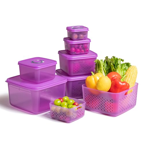 ANJUKE Frischhaltedosen Obst Gemüse mit Deckel Sieb, Vorratsdosen 6PCS 0.2L-3.7L, BPA frei, Frischhalteboxen dicht trennbar, Kühlschrank Organizer Set, Salat Beeren Aufbewahrung - lila