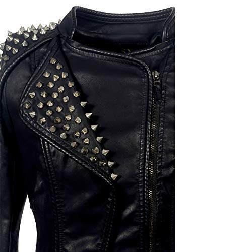 LFS Women's Punk Rivet Motorcycle Jacket Fashion Zipper Asymmetric Studded Perfectly Shaping Faux Leather Biker Coat4