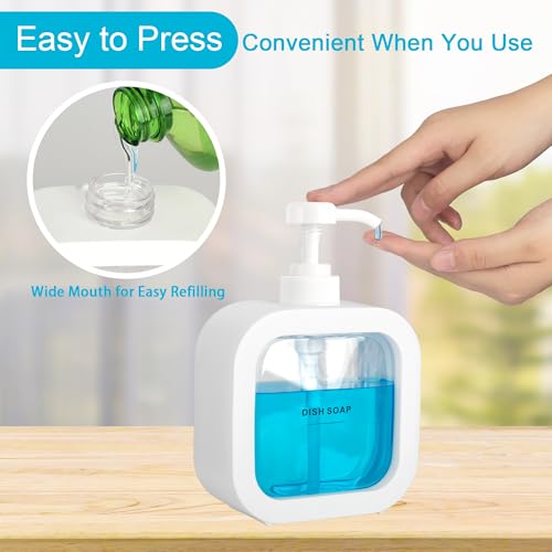 Image of Modern Soap Dispenser for Bathroom and Kitchen Sink, Small Hand Soap Plastic Dish Soap Dispenser with Pump and Labels - White