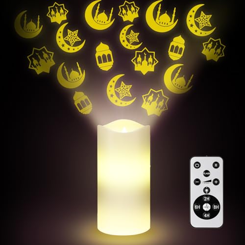 Image of Baquler Ramadan Flameless Candles Projector Light Eid Mubarak LED Candle Battery Operated Star Moon Night Light with Remote and Timer Eid Mubarak Electric Gifts Ramadan Decoration for Home Room Decor