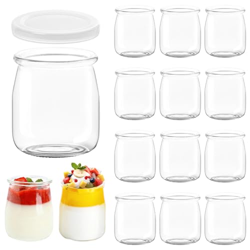 Pmueuff 200 ml Vasos Yogurtera con Tapa, Paquete de 12 Vasos de Postre Transparentes de Vidrio,...