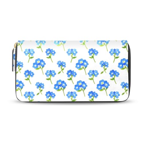 Long Wallets Leather Bifold Wallet for Women Forget-me-not Flowers with Zipper Credit Card Holder Large Capacity