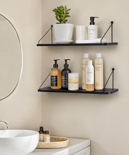 SUMGAR Black Floating Shelves for Wall Shelf Unit 60cm Long for Bedroom Bathroom Kitchen Wood Storage Organiser Modern Decorations Display for Living Room Office Home Rack Set of 2 - Image 4