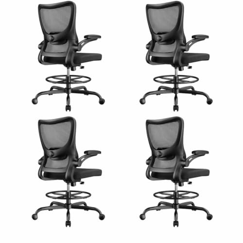 Image of Marsail Drafting Chair, Tall Office Chair with 2D Lumbar Support, Standing Desk Chair with Padded Flip-Up Armrests & Adjustable Footrest Ring, Black,Pack of 4