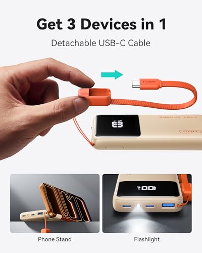 Image of INIU Power Bank, Compact 10000mAh 45W PD Fast Charging Portable Charger | Detachable USB-C Cable, Stand, Flight-Safe, Travel, Flashlight, Battery Pack for iPhone 17 16, Samsung S26, iPad etc, Beige