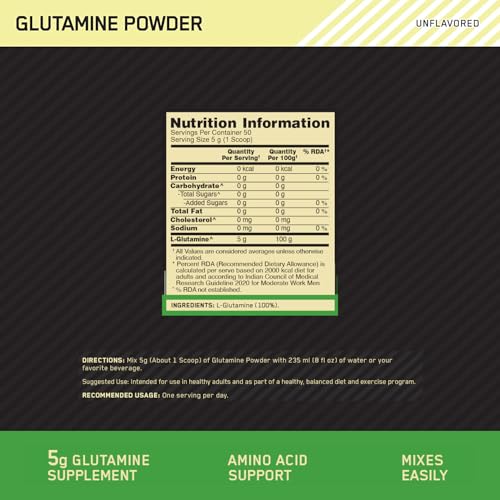 Optimum Nutrition (ON) L-Glutamine Powder- 250 Gram, 50 Serves, 5g Glutamine per serve for Amino Acid Support & Muscle Recovery, Unflavoured.