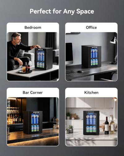 Image of 24 Can Beverage Refrigerator, Countertop Mini Fridge with Glass Door, Black | 40-61F, Compressor Cooling, Quiet Operation, 360 Air Circulation, Removable Shelf, Fits Bedroom, Office, Dorm, Home Bar