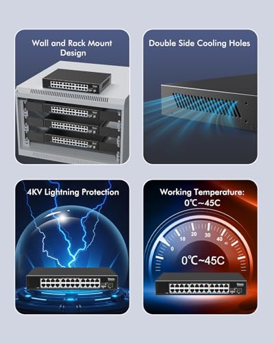 Image of 24-Port 2.5G Network Switch+2x10G SFP, 24x 2.5G Base-T Ethernet Unmanaged Switch, 24 Ports Switch Compatible with 10 /100 /1000 /2500M, 160Gbps Switching Capacity, Fanless, 19-inch Rack Mount