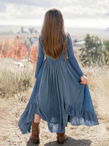 New 8-14Y Girls Long Sleeve Boho Maxi Dress Casual Flowy Ruffle Hem Dress3