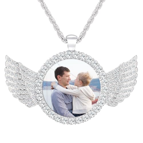 Custom Circle Chain with Wings, Memory Necklaces Picture Necklace Personalized Photo Gifts for Men Women, Customized Angel Wing Round Chain Pendant
