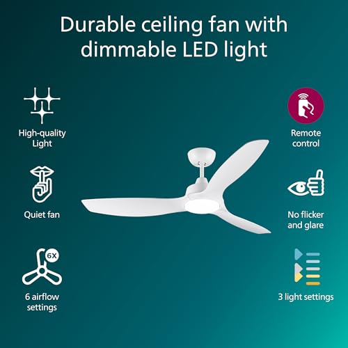Philips Fixed Blade Fan Ceiling, 3 Blades, big (52") 28W LED Light, DC Motor, Color Temperature Range (3000 K, 4300 K, 6500 K) with Dimming Function, Remote Included