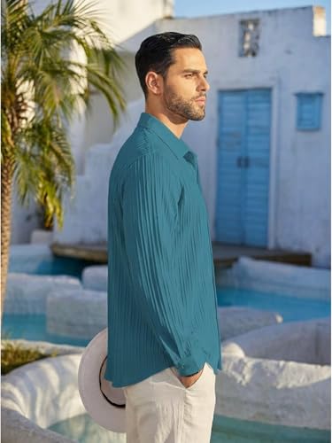 Image of DEELMO Combo of Men's Casual Button Down Shirts Long Sleeve Linen Shirt Fashion Textured Summer Shirts Pack of 2