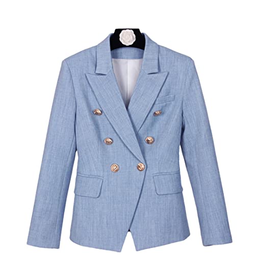 Alloaone Women Elegant Light Blue Blazer Metal Buttons Slim Jackets Outerwear Blazers2