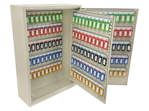 The Workplace Depot Lockable Key Cabinet, White Heavy Duty Steel Wall Mounted Key Lock Safe with Key Hooks & Coloured Key Tags for Home, Office, Garage & Warehouses (200 Key Capacity)