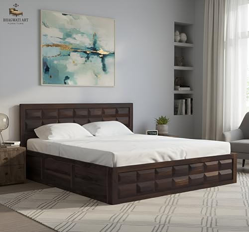 Image of Sheesham Wood Queen Size Bed with Storage Box | Wooden Box Bed Queen Size Double Cot Bed with Storage for Bedroom | Premium Barfi Design Headboard Bed for Living Room | Walnut Finish