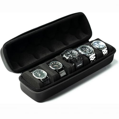 Limos 5-Slot Watch Storage Box Premium Black Travel Case for Watches Shockproof Anti-Scratch Ideal for Men & Women with Soft Sponge Cushions for Safe Storage & Organization