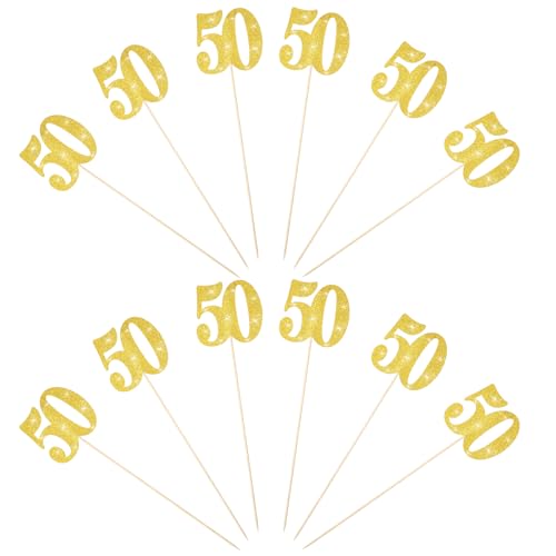 12 barras de centro de mesa de aniversário número 50 com purpurina número 50, decoração de flores para decoração de festa de aniversário, cor dourada