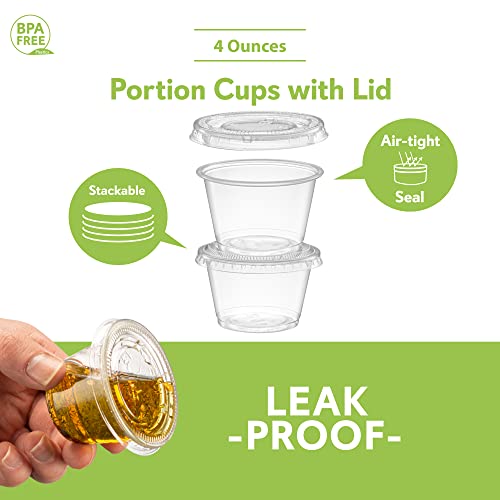 Image of {4 oz - 100 Sets} Clear Diposable Plastic Portion Cups With Lids, Small Mini Containers For Portion Controll, Jello Shots, Meal Prep, Sauce Cups, Slime, Condiments, Medicine, Dressings, Crafts,