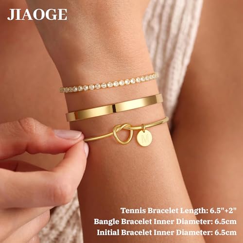 JIAOGE Gold Bangles Bracelets for Women - Initial C Gold Bangles Cuff Bracelets for Women Non Tarnish Gold Bracelet Stack Dainty Knot Tennis Bracelet Gold Jewelry Sets by JIAOGE - Used condition - Image 4