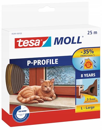 tesamoll P-Profildichtung selbstklebend Gummi Zugluftstopper zum Isolieren von Spalten in Fenstern und Türen braun 25m x 9mm