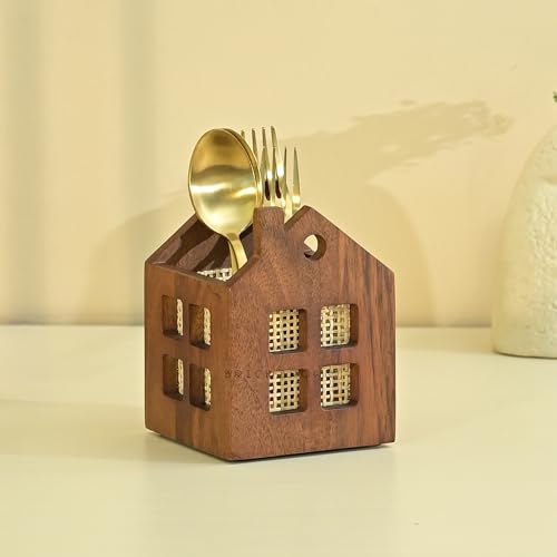 Image of Brick Brown Premium Wooden Maison Cutlery Holder Spoon Stand for Kitchen | Cutlery holder for Dining table | Wooden Caddy Storage Organiser Stand | Caddy Holder(4.5x4.5x5.8 inch)