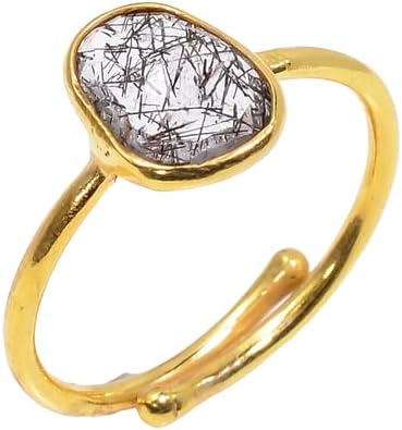 Natural Black Black Rutile 925 Sterling Silver Adjustable Wedding Engagement Ring for women