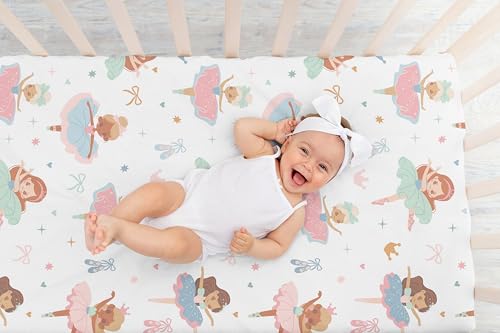 Image of Sweet Jojo Designs Fitted Baby Crib Sheets (Ballerina and Bows) for Girls, Infant Nursery, Toddler Bed Room - Standard Size Mattress (Ballet Shoes, Dancer, Hearts, Stars, Crowns, Princess, Tutu)