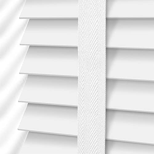 White Faux Wood Window Venetian Blind/Blinds - Easy Fit Child Safe Trimmable Shutters - 50MM Slats with Aluminium Headrail & Matching Facia (White, Width: 114cm / Length: 213cm)