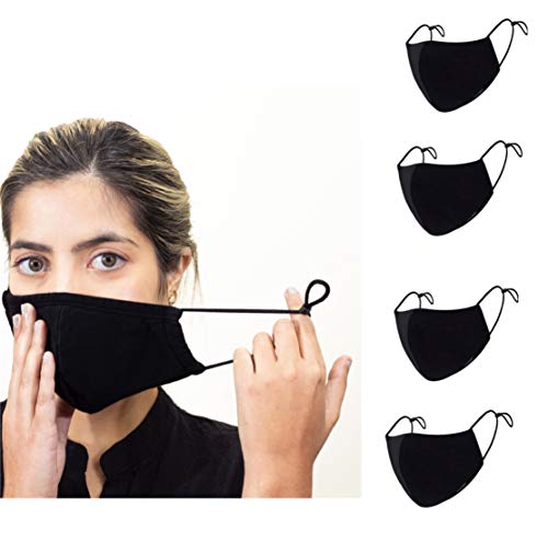 Black Face Mask - Perfect Face Mask Reusable - Durable Cloth Face Mask - 3 Layers Face Masks Washable - Cotton Face Masks 4 PCS - Adjustable Face Mask with Elastic Ear Loops - Ideal Face Coverings