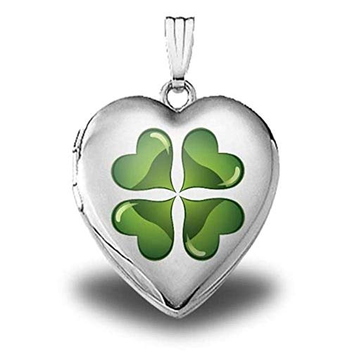 PicturesOnGold.com Silver Green Four Leaf Clover Heart Locket - 3/4 Inch X 3/4 Inch (Locket Only)