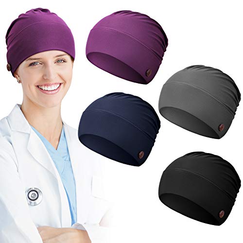 4 Pieces Soft Bouffant Caps with Buttons Gourd-Shape Cap Unisex Stretch Headband Turban Elastic Bouffant Hat Headwrap with Ear Loop Holder Button for Protecting Ears (Purple, Black, Grey, Navy Blue)