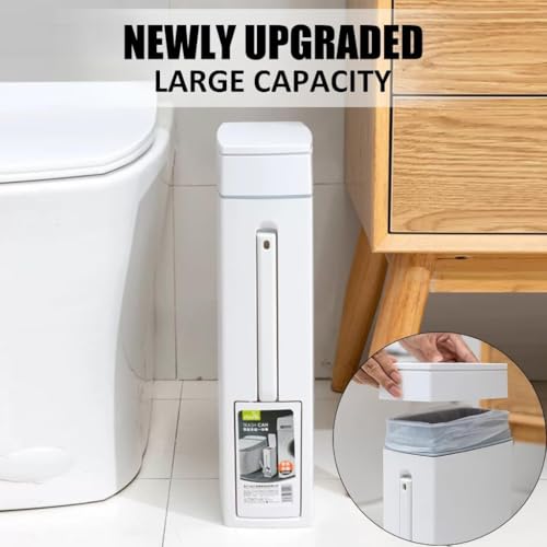 Image of RV Bathroom Trash Can Slim with Toilet Brush, 2L Ultra Slim Plastic Bathroom Trash Can and Brush Toilet Set, White, Space Saving, Indoor Use
