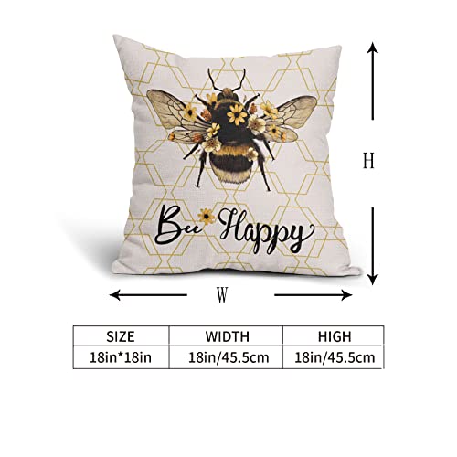 Summer Bee Pillow Covers 18X18 Inch Bee Happy Throw Pillow Covers Farmhouse Bee Kind Decorative Pillowcase Linen Cushion Cover For Home Couch Sofa Patio Bedroom Livingroom Set Of 2 #TOP4