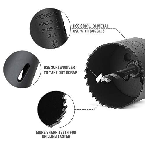 WORKPRO 9-Piece Bi Metal Hole Saw, Hole Saw Kit Made of HSS, 19-57 mm, Ideal for Cutting Stainless Steel, Aluminum, Copper and Wood, with 2 Mandrels and 1 Adaptor, Aluminum Storage Case 4 WORKPRO 9-Piece Bi Metal Hole Saw, Hole Saw Kit Made of HSS, 19-57 mm, Ideal for Cutting Stainless Steel, Aluminum, Copper and Wood, with 2 Mandrels and 1 Adaptor, Aluminum Storage Case - Image 4