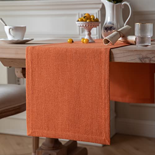 Image of ZeeMart Burlap Style Farmhouse Table Runners 90 Inches Long, Burnt Orange Rustic Woven Dining Table Runner for Everyday Use, 14x90 Inches, Harvest Pumpkin