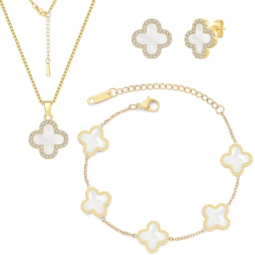 18K Gold Plated Clover Bracelet Clover Necklace Clover Earring Lucky Flower Jewelry Sets for Women, Four Leaf Clover Necklace/Earring With Shiny Zircon Jewelry for Women