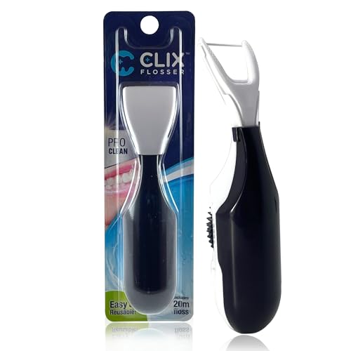 Clix Flosser - Automatic Dental Flosser | Reusable and Refillable | Pre-Loaded Floss Inside | Travel Cover | Easy Click-to-Use Solution for Plaque Removal, Clean Teeth and Fresh Breath (Dark Blue)