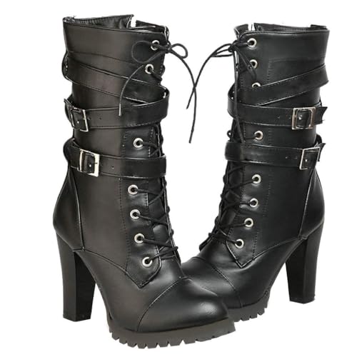 DINTAHA Chunky Goth Boots for Women,Lace Up Mid Calf Combat Boots,High Heeled Combat Boots Gothic Platform Boots With Buckles