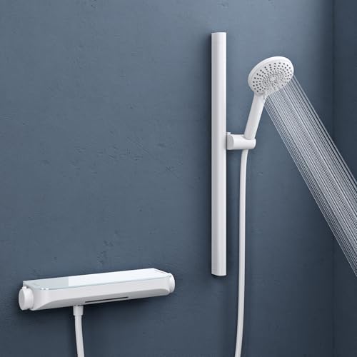 doporro Badewannenarmatur mit Thermostat, Wannenarmatur mit Wasserfall-Auslauf, Duschsystem/Duschset mit Handbrause & Duschstange, Vollmessing, 1,5 m Brauseschlauch, Wandmontage, Matt Weiß