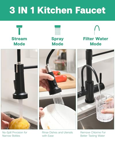 Image of GIMILI 3 in 1 Kitchen Faucet with Pull Down Sprayer Matte Black Two Handle Kitchen Sink Faucet with Under Sink Water Filter System Reduces PFAS, PFOA /PFOS, Lead, Chlorine, Bad Taste & Odor