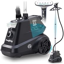 True & Tidy Heavy-Duty Commercial Industrial Standing Garment Steamer for Clothes, 1800 watts, XL 3L water tank 90+ mins of Steam 3 Steam Settings, Step On/Off Control, Wheels for Easy Movement