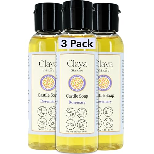 Image of Claya Rosemary Liquid Castile Soap - Organic Ingredients, Biodegradable, Gentle for Sensitive Skin, Versatile Use and Travel Size (3 Pack of 2 fl oz)